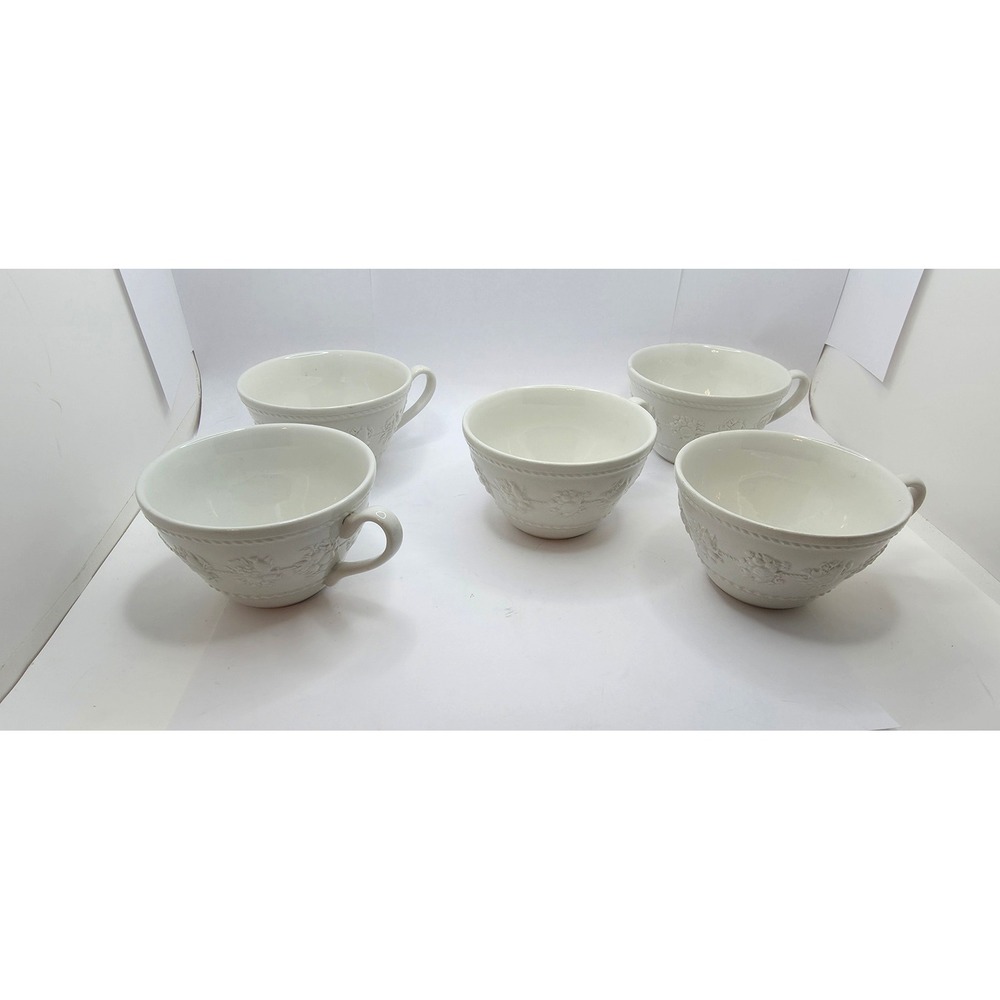 Wedgwood Home Festivity Ivory Tea Cups Set of 5 Embossed Earthenware England